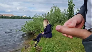 The exhibitionist man saw a lonely girl in nature and took out his dick in front of her and began to masturbate the dick in front unfamiliar beauty, he risks scaring her, but she likes to look at a big male dick and wants to see his cumshot